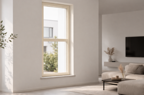 Vast pvc raam in crèmekleur met 2 verticale vakken